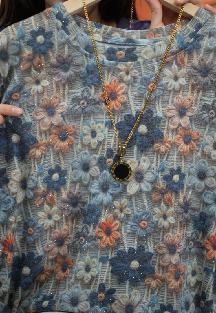 7.23-1(7)【织蓝】夏季新时尚百搭洋气花色T恤显瘦设计感小衫