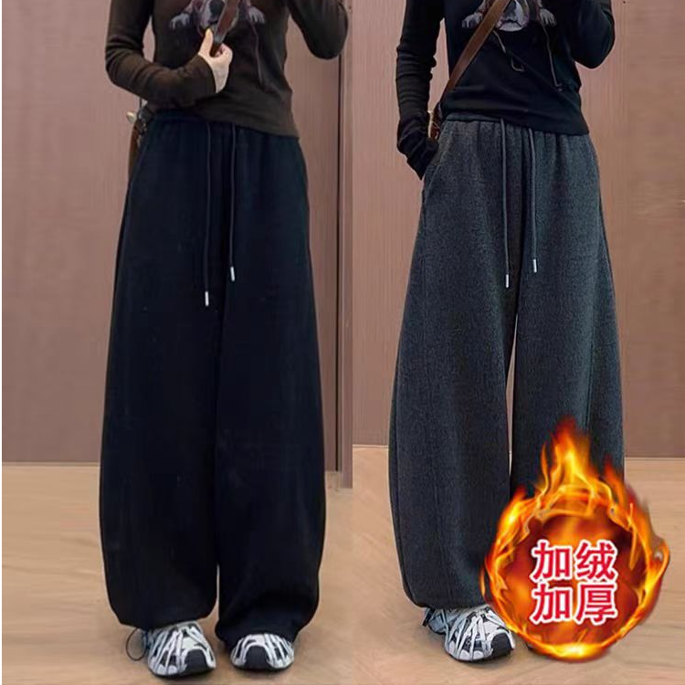 【正版原版+高货品质】青花瓷毛呢冬加绒加厚阔腿女高腰垂感弯刀裤