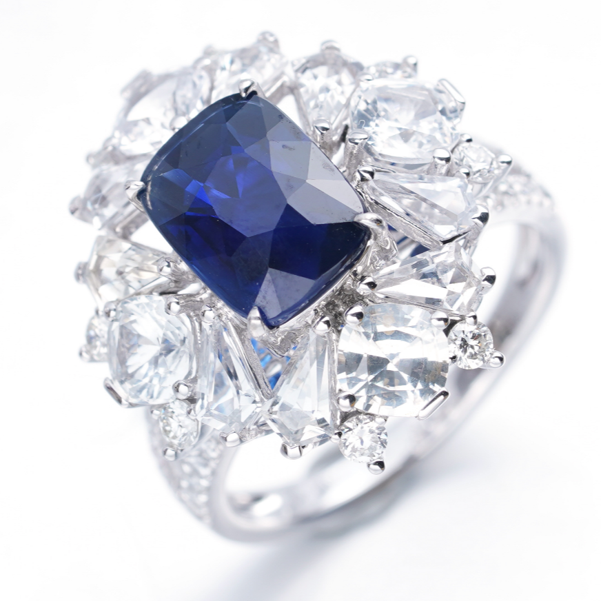 【老爸评测】铂金3.07克拉无烧蓝宝石钻石白蓝宝戒指DA20135