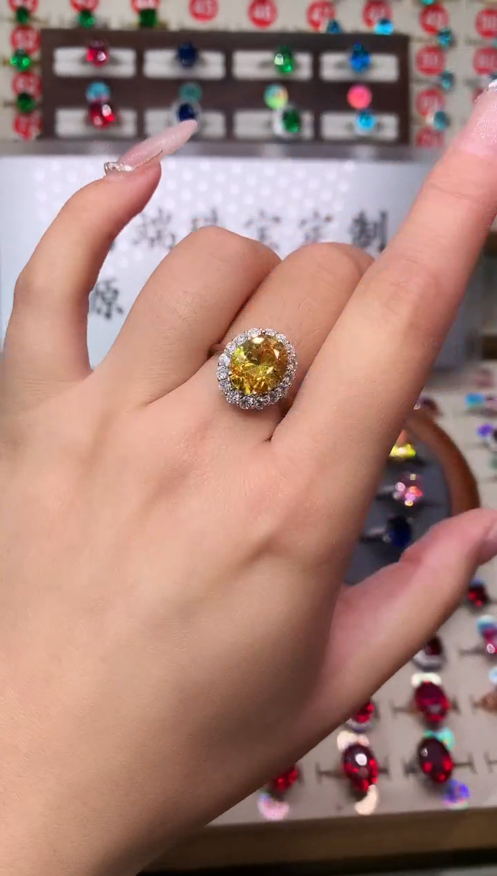 无925银典藏 轻奢 金丝雀黄色系9*11戴妃银托戒指