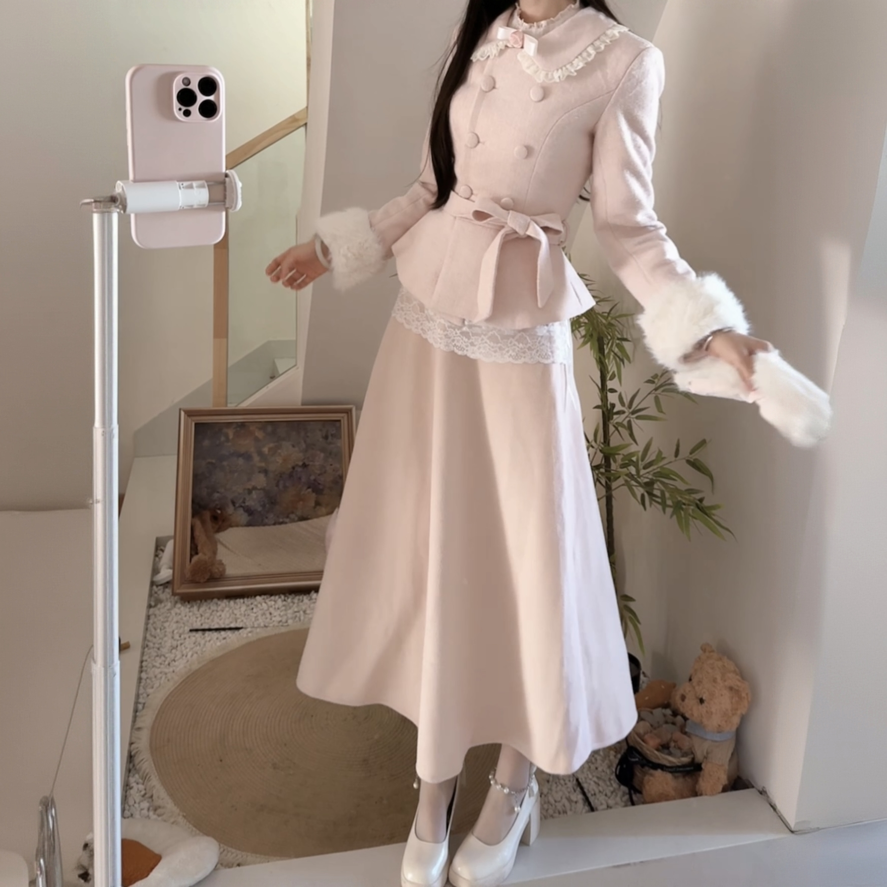 矜贵千金 法式高级感套装春秋毛绒拼接毛呢外套半身裙女-3656