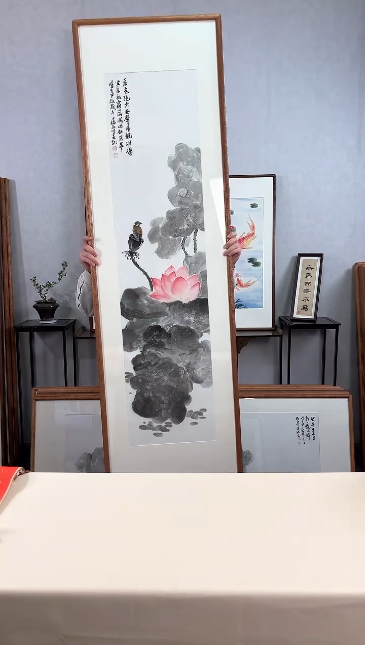 【闪购商品】国画手绘*荷花竖幅*52*172cm实木框