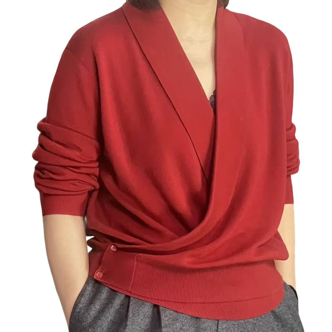 简约优雅风交领针织衫红色百搭慵懒感上衣短款气质打底衫