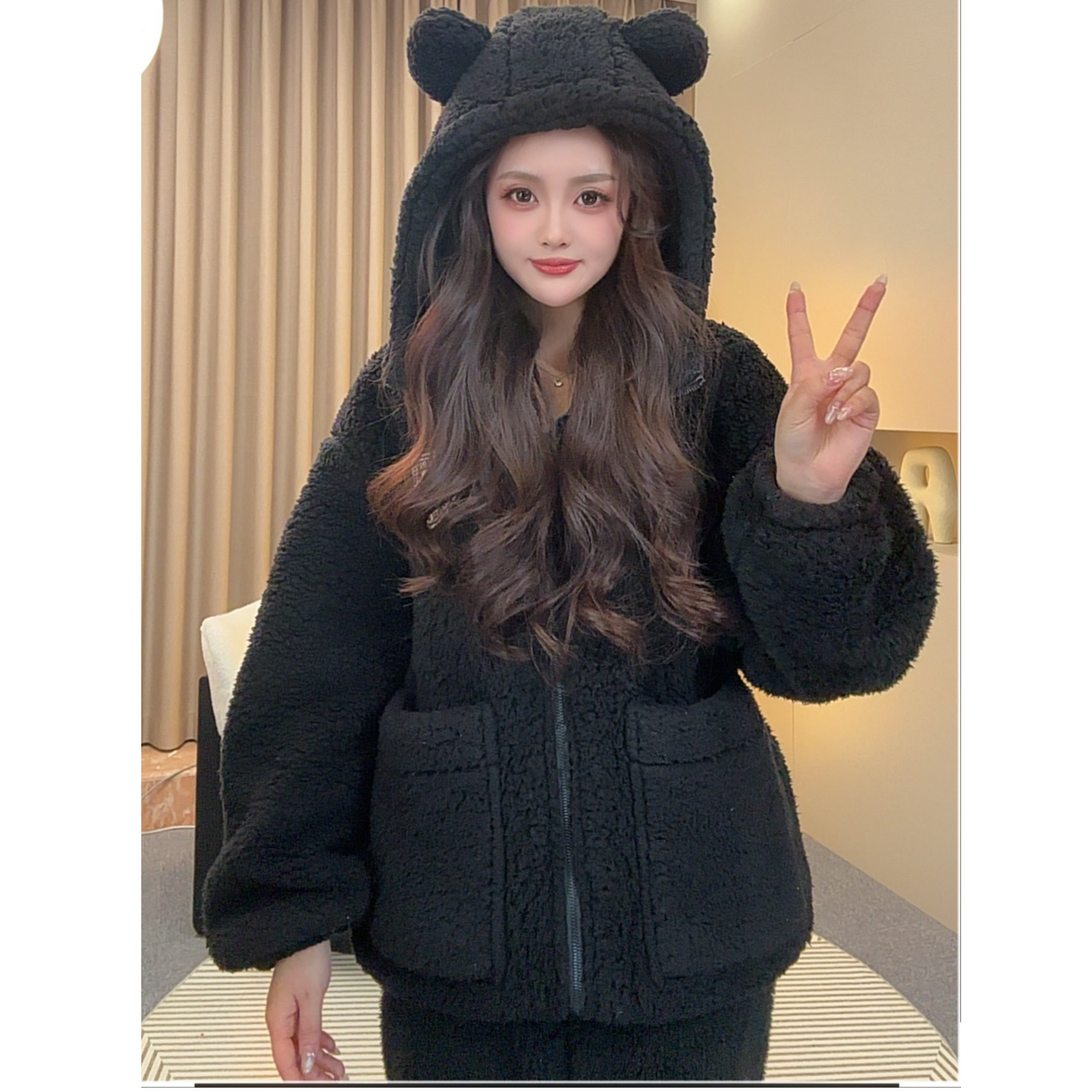 【加厚一整套】冬季保暖立领连帽睡衣家居服套装时尚加绒带帽新款