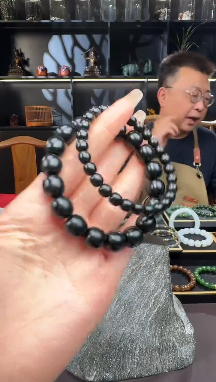 颈饰未镶嵌和田玉12mm塔青老型手串+7mm塔青老型手串