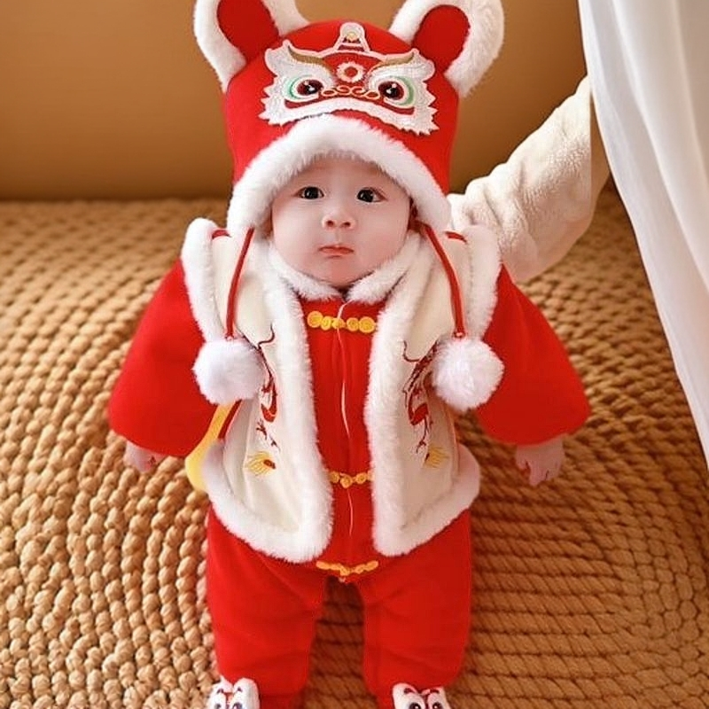 婴儿连体衣过年喜庆宝宝红色新年加厚哈衣满月生日拜年冬季外出服