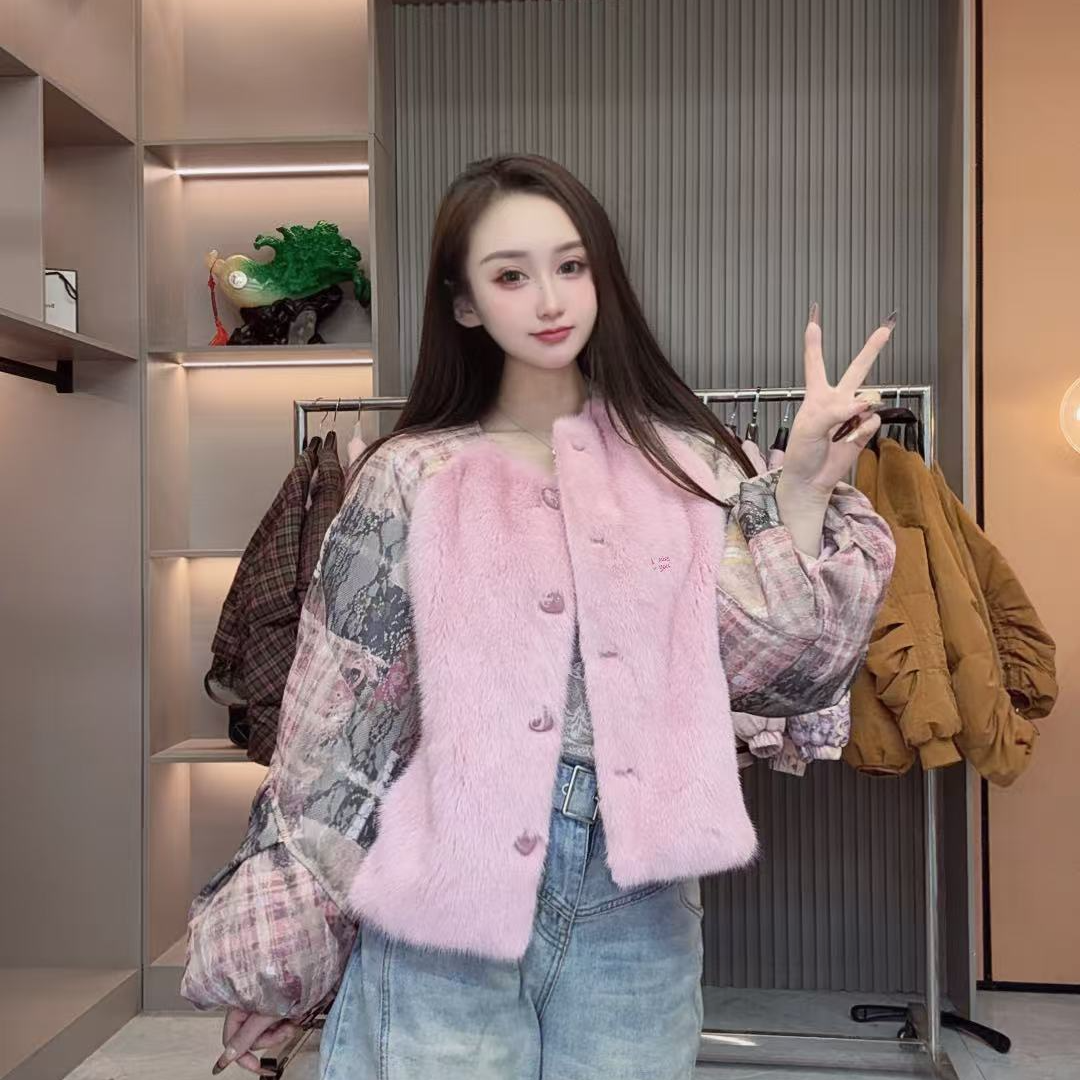 2025高端轻奢时尚撞色水貂拼鹅绒外套2667