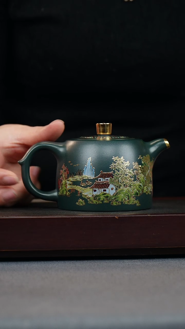 【闪购商品】紫砂茶壶苏门答腊青 井栏 忆江南珐琅彩