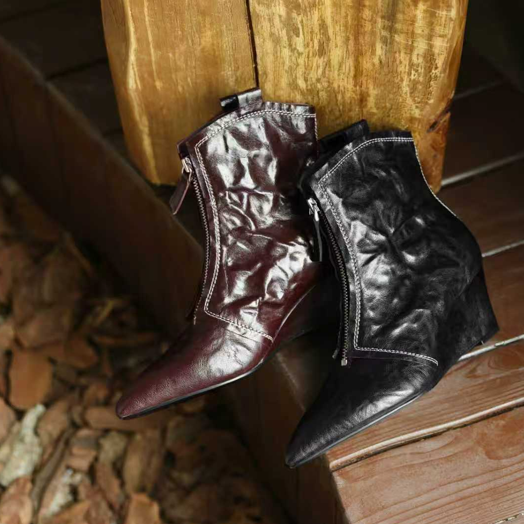 【BABILINA】粗跟低跟女冬季尖头后拉链短靴秋冬绒里百搭时尚靴子