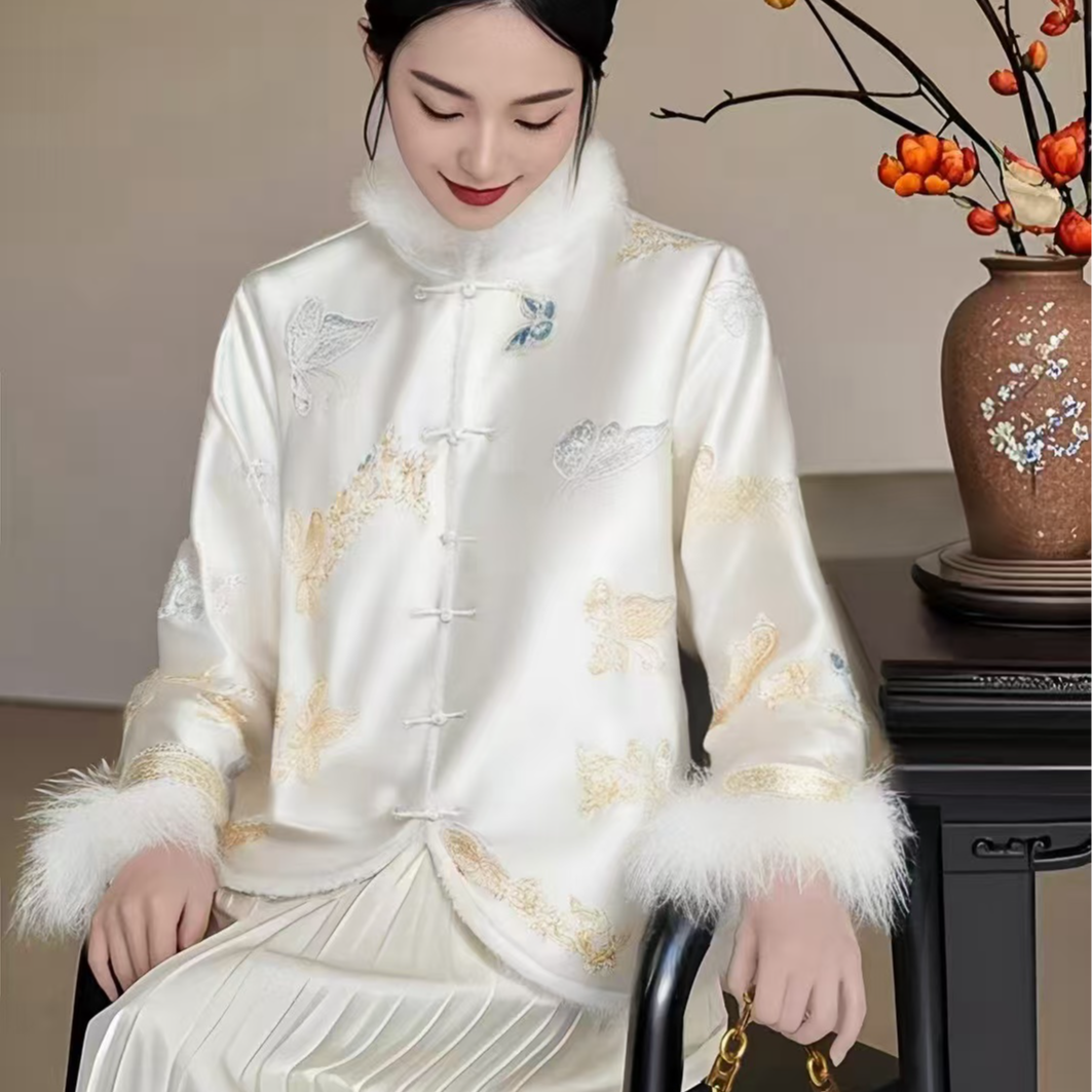 丝年.幽雪蝶舞冬季加棉加厚外套新中式国风绣花毛领气质上衣-6116