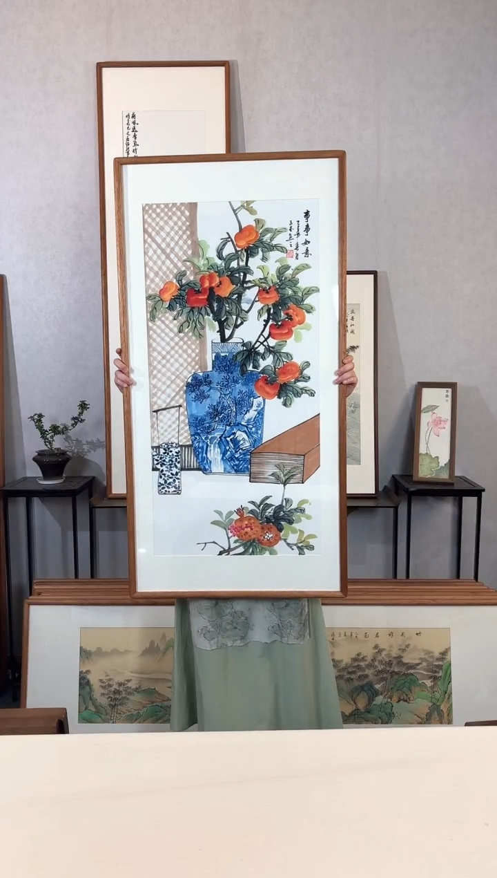 国画手绘*事事如意*62*122cm带框发货