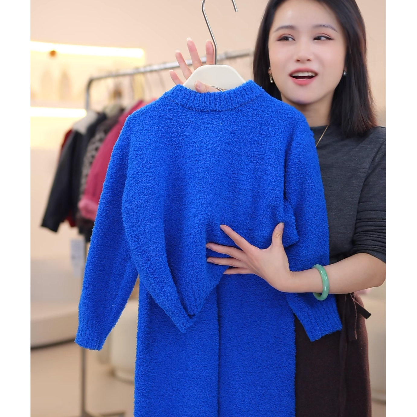  现货leomama【克莱因蓝】女童半边绒睡衣秋冬保暖加厚家居服套装