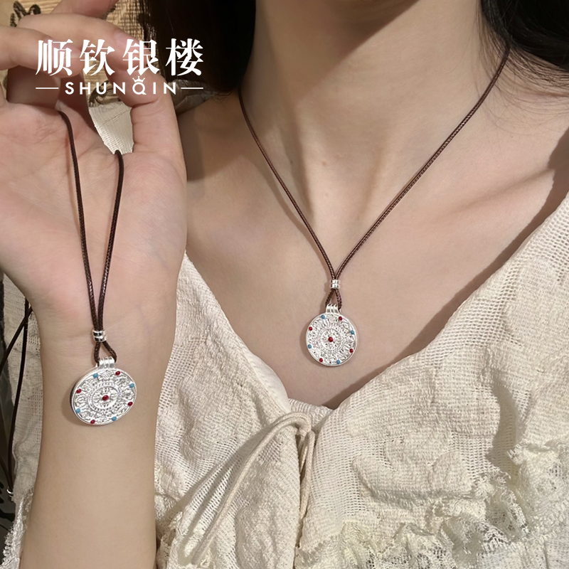 顺钦银楼 吊坠足银珐琅 【沅禧套链】足银999.9民族风母亲节礼物