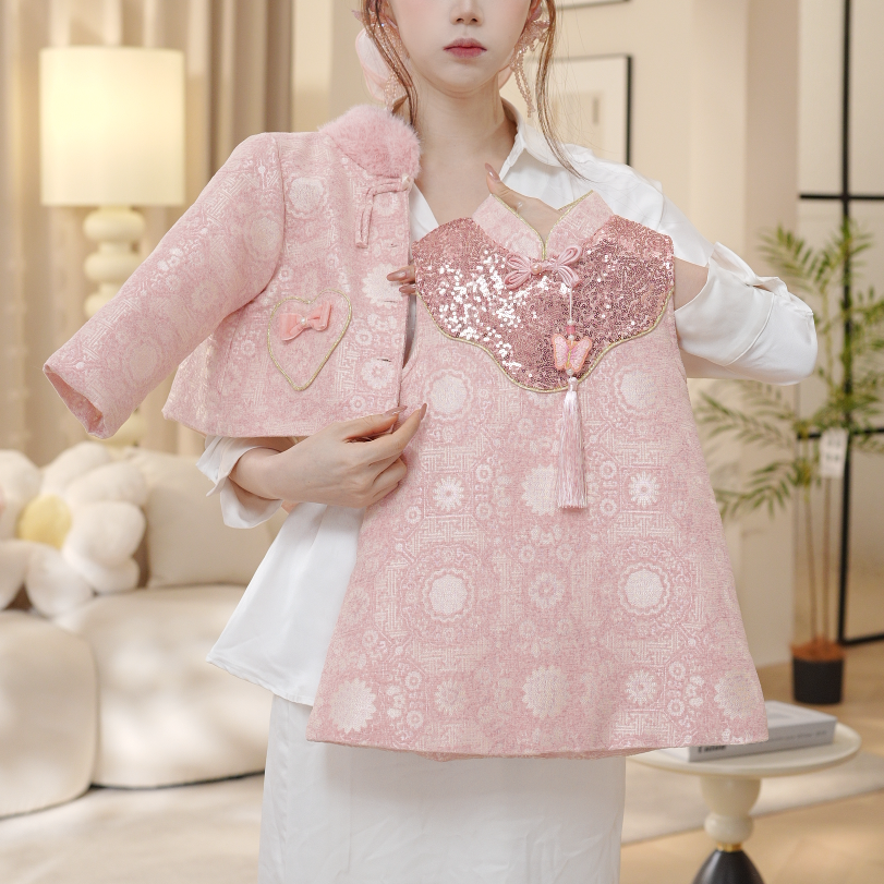 2025冬季女童加厚儿童公主网红时尚上衣外套背心裙套装DA30908