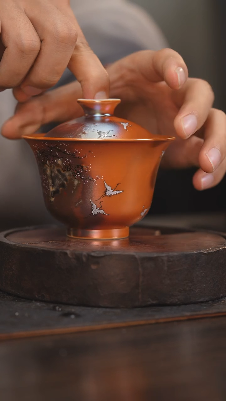 【闪购商品】杯147柴房陶瓷丨金红绘画盖碗