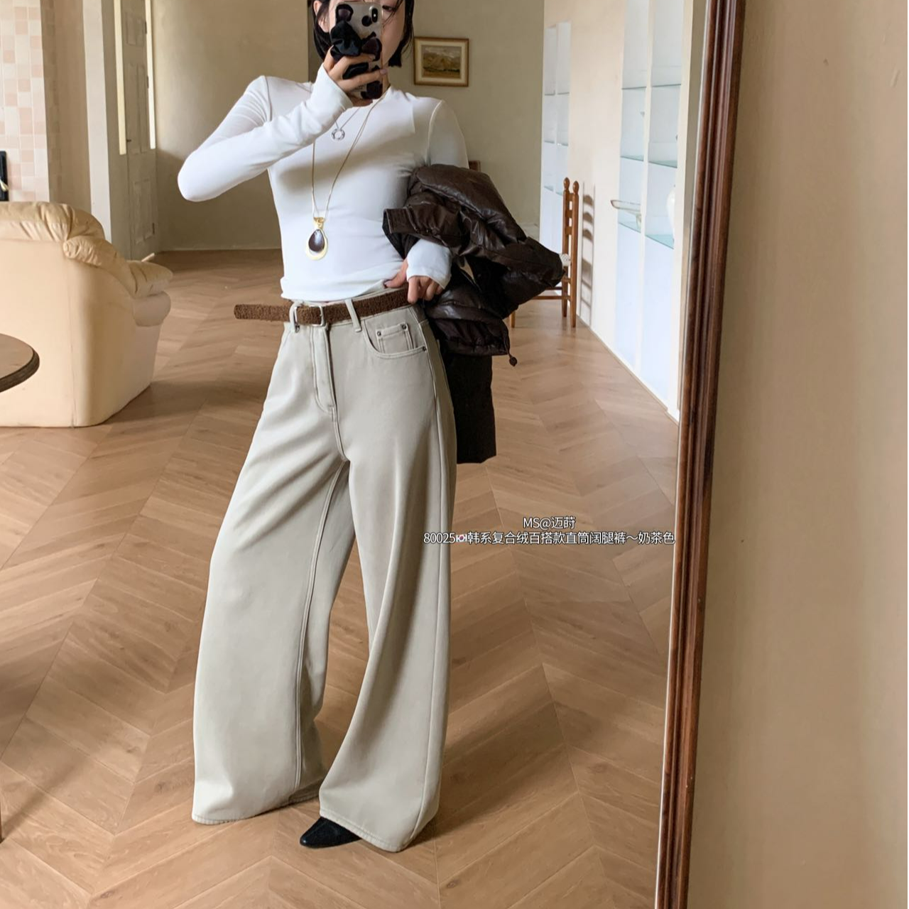 鑫燃KIKI 复合绒百搭休闲显瘦直筒阔腿裤    80025  MS【B】
