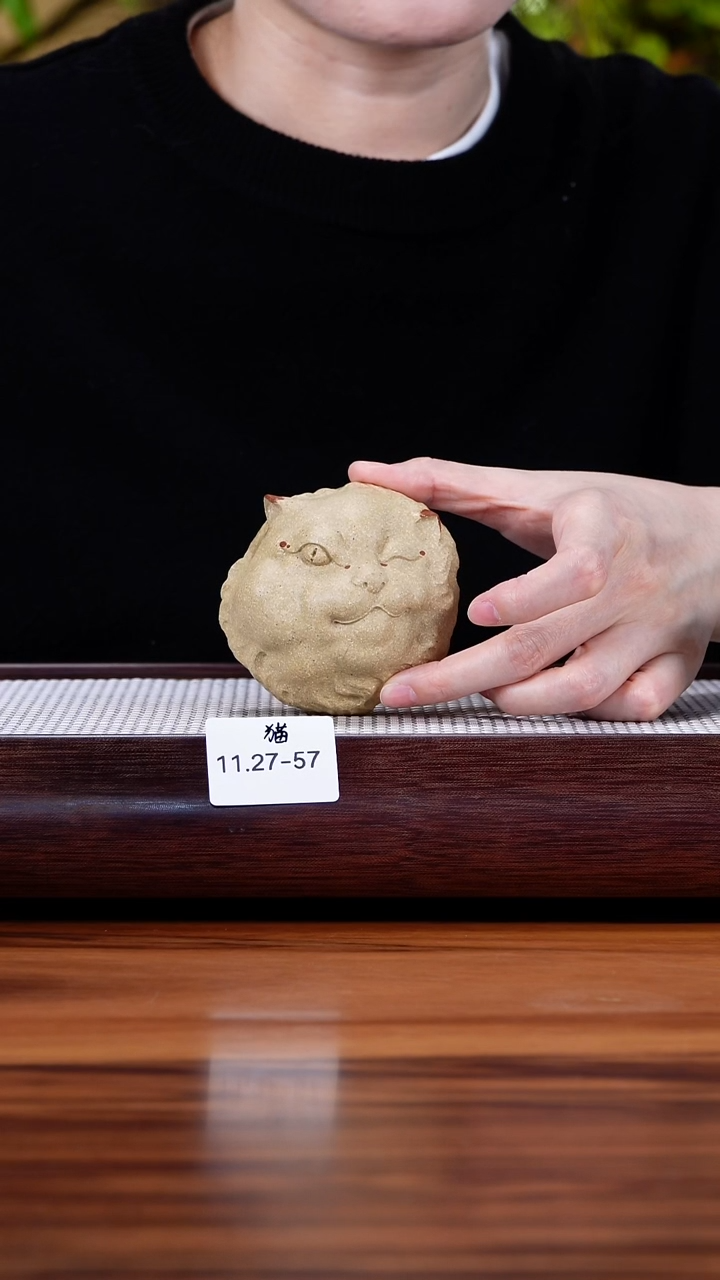 茶壶紫砂11.27-57 梨皮绿 主人杯猫