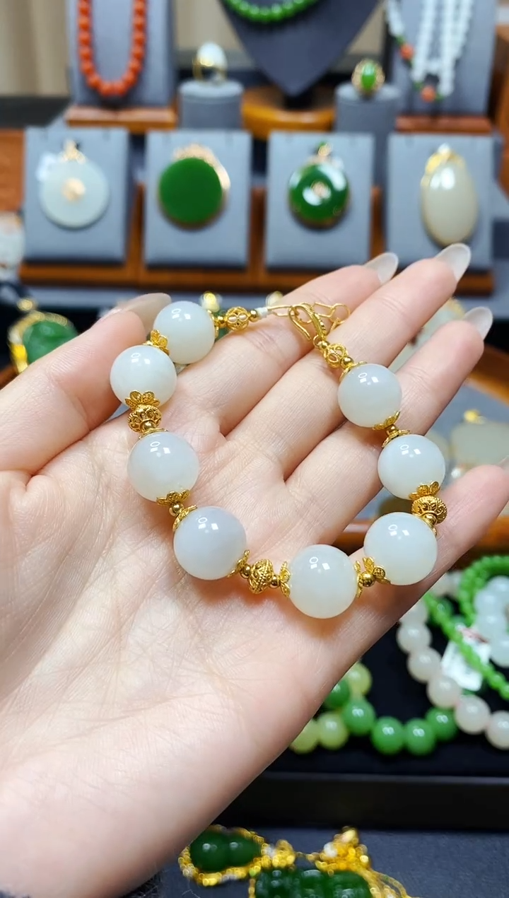 【闪购商品】和田玉白玉DIY单圈手串银S925镶嵌*