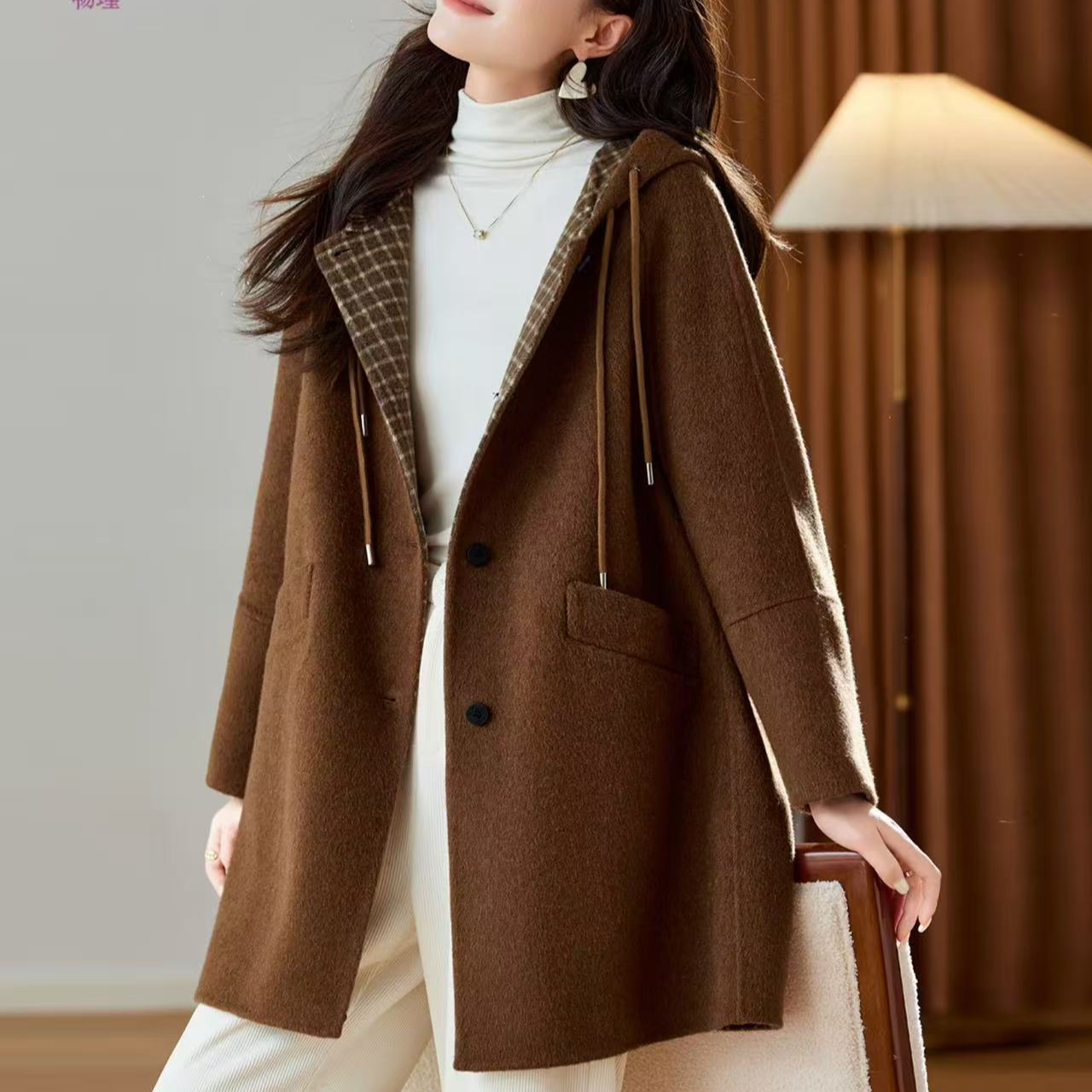 [ W i F i ]367941连帽中长款高级感气质羊毛大衣（衣长82）