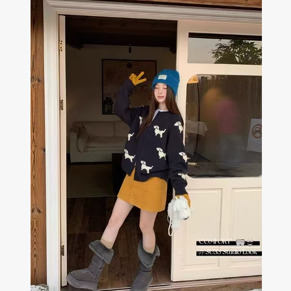 藏青色小狗图案圆领加厚针织衫女2025独特超好看毛衣拉链开衫上衣