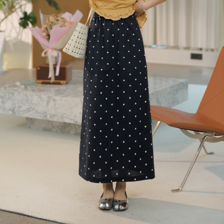 【Shaw Eleven】2025夏女装百搭松紧腰波点亚麻后开叉半身裙88729