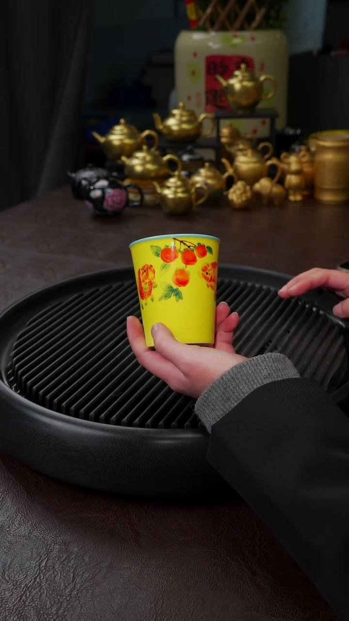 【闪购商品】杯【宜景窑焦黄】手绘双鱼柿子可乐杯
