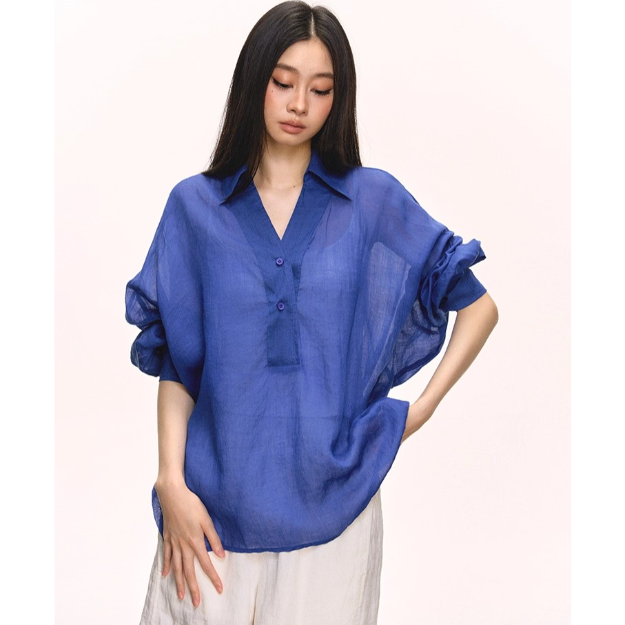 anna aneae100苎麻防晒长袖衬衫女早秋罩衫紫蓝色V领宽松长袖上衣
