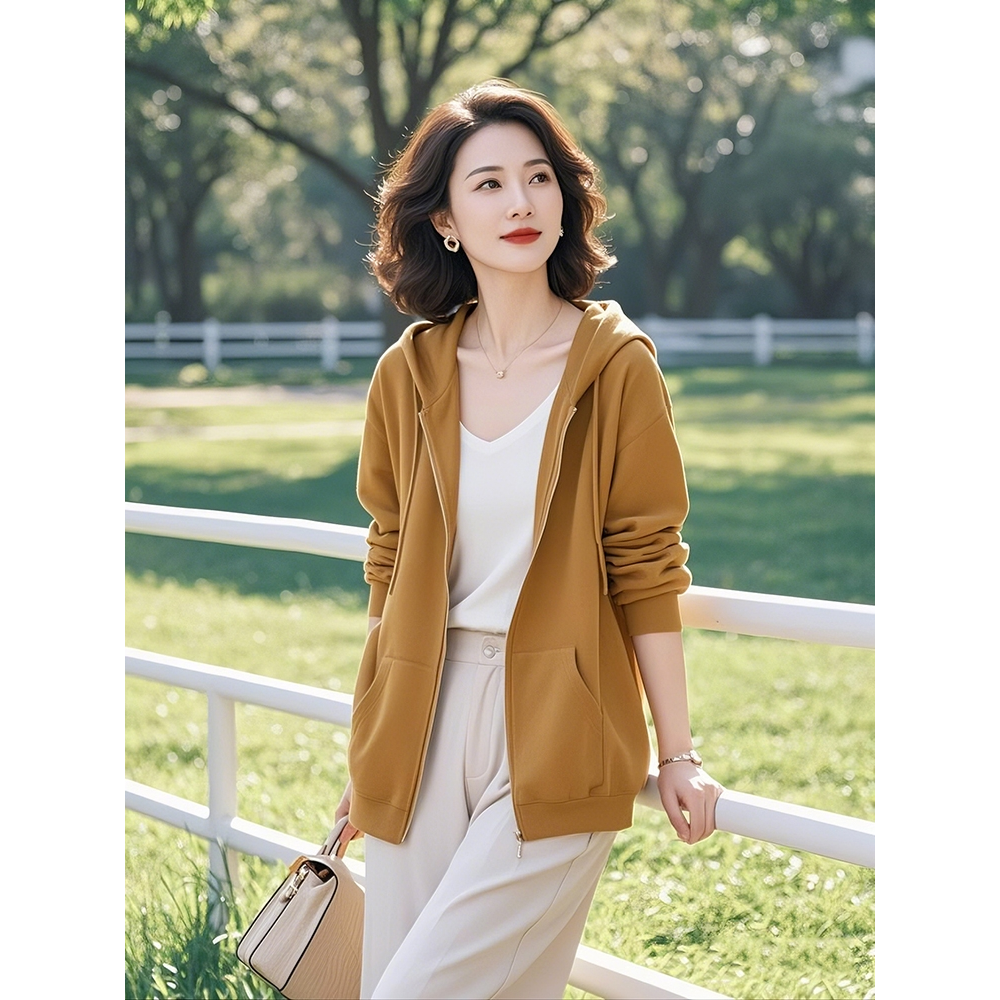 慵懒风简约休闲百搭宽松通勤薄款黄色连帽卫衣外套女秋季2025新款