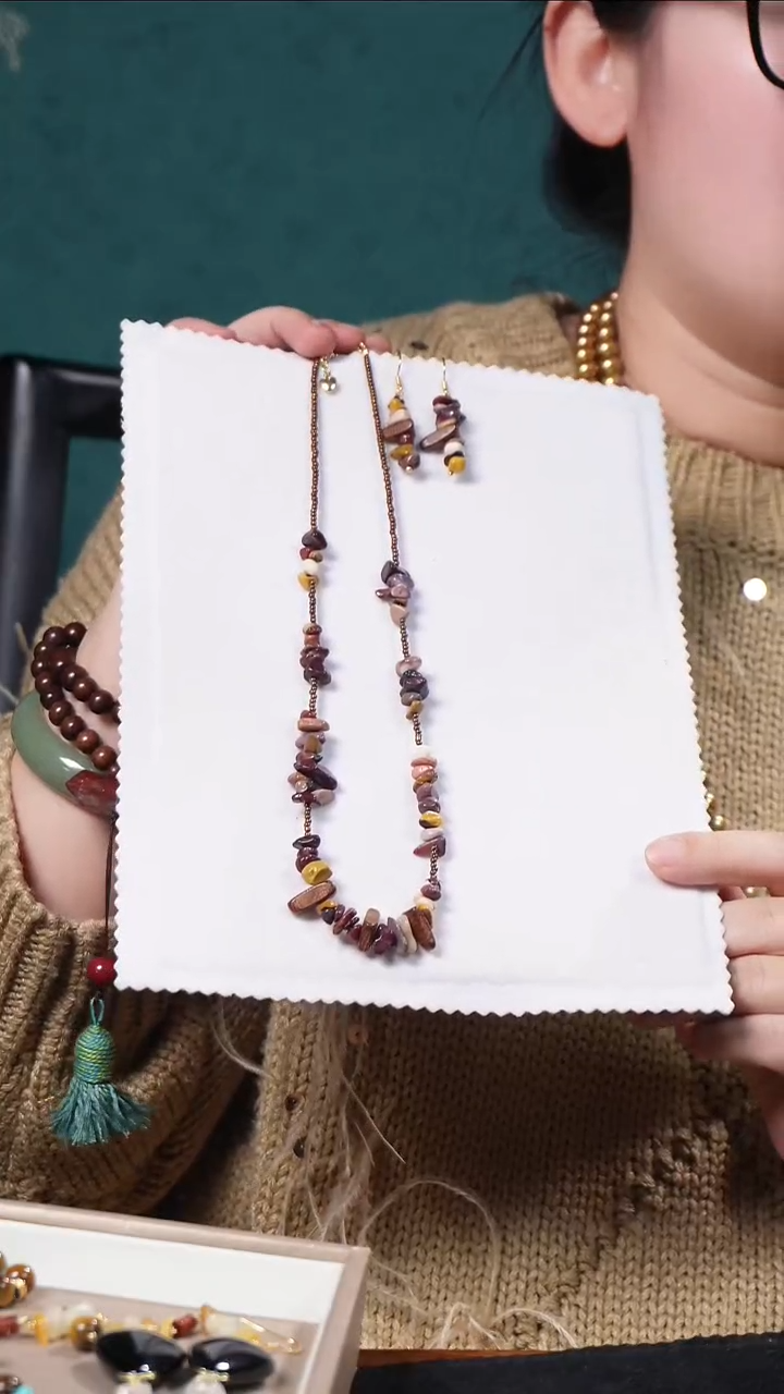 合金耳钉玛瑙/玉髓两件套 耳环项链