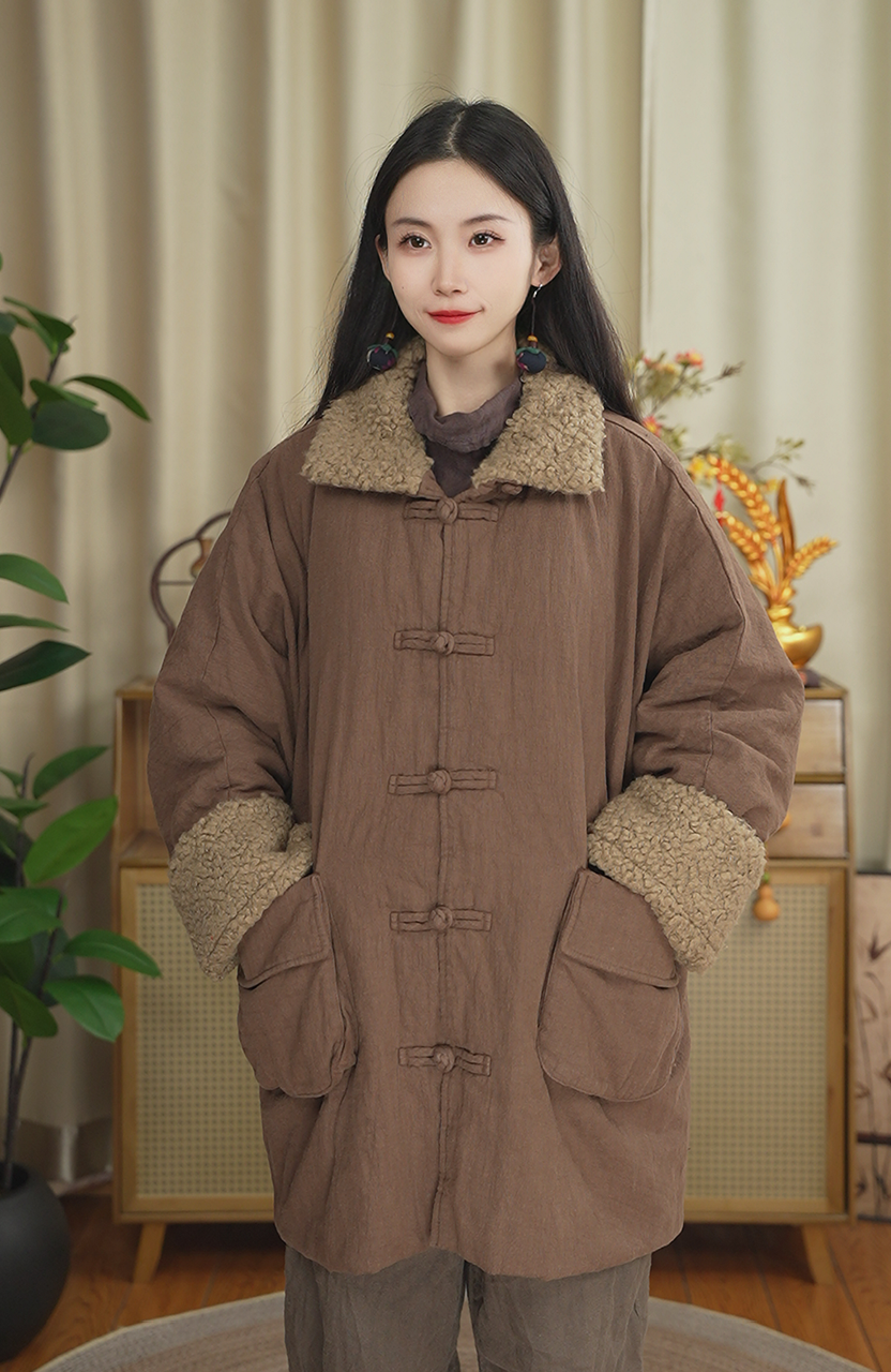 Y5343设计款亚麻加棉羊羔毛棉衣 SXBY01