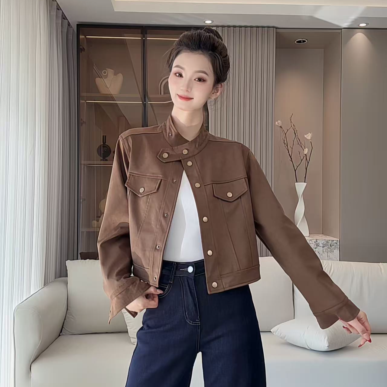 美拉德麂皮绒外套女上衣秋季新款开衫立领显瘦短款夹克复古短外套