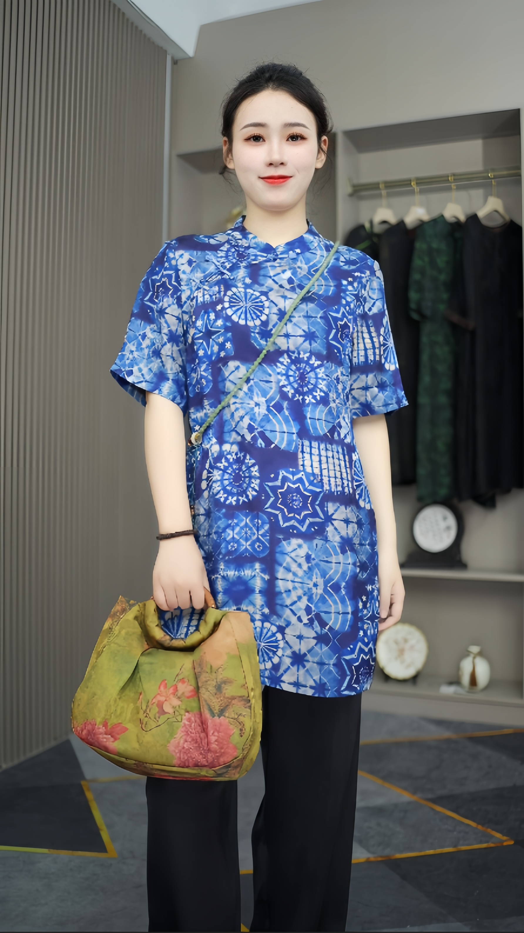 ins风中长款薄款短袖短款时尚地雷系唐装提花上衣休闲夏季半袖