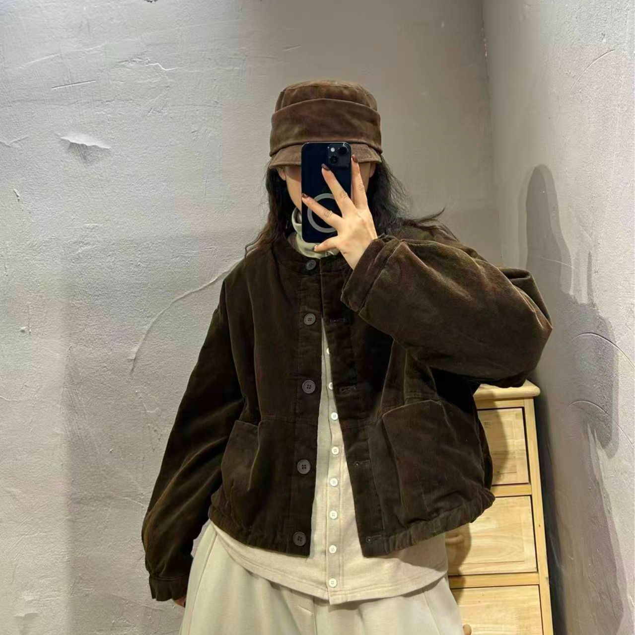 【半奏】冬季新款复古做旧系扣圆领短款灯芯绒棉衣女 胸围118衣长51