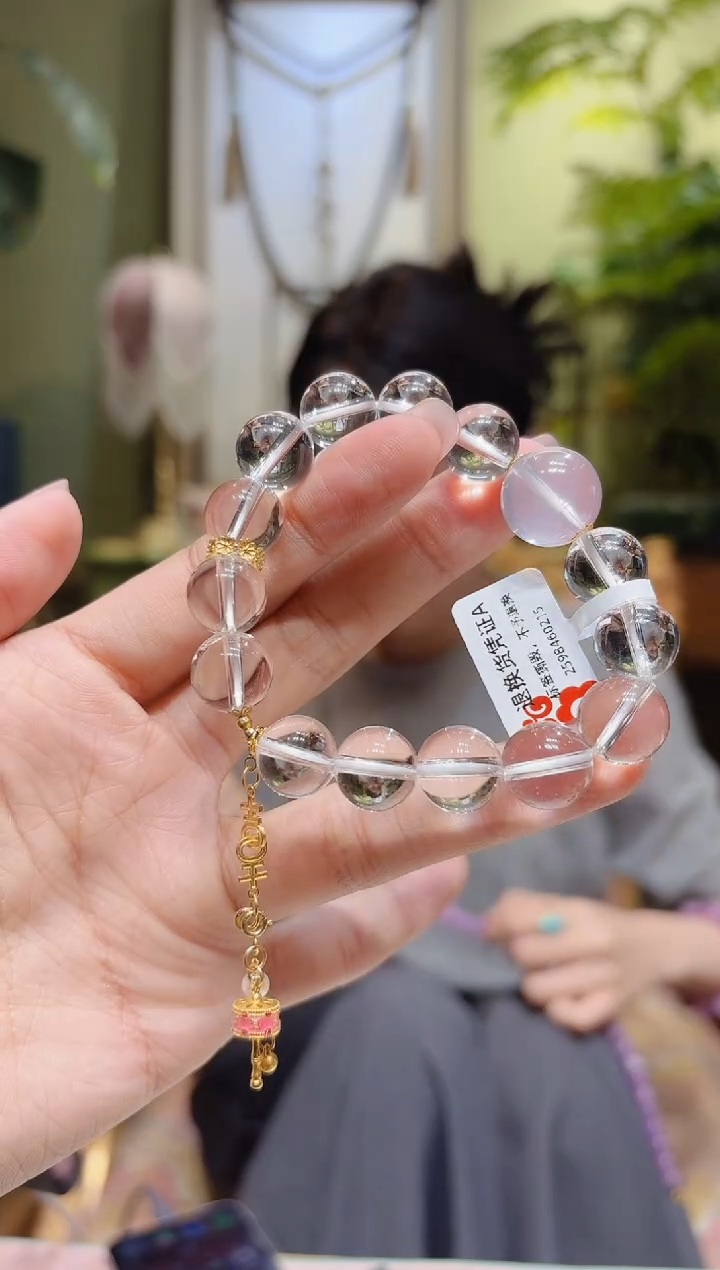 【闪购商品】水晶手串18K金镶嵌粉晶顶珠双吉链条白水晶手串