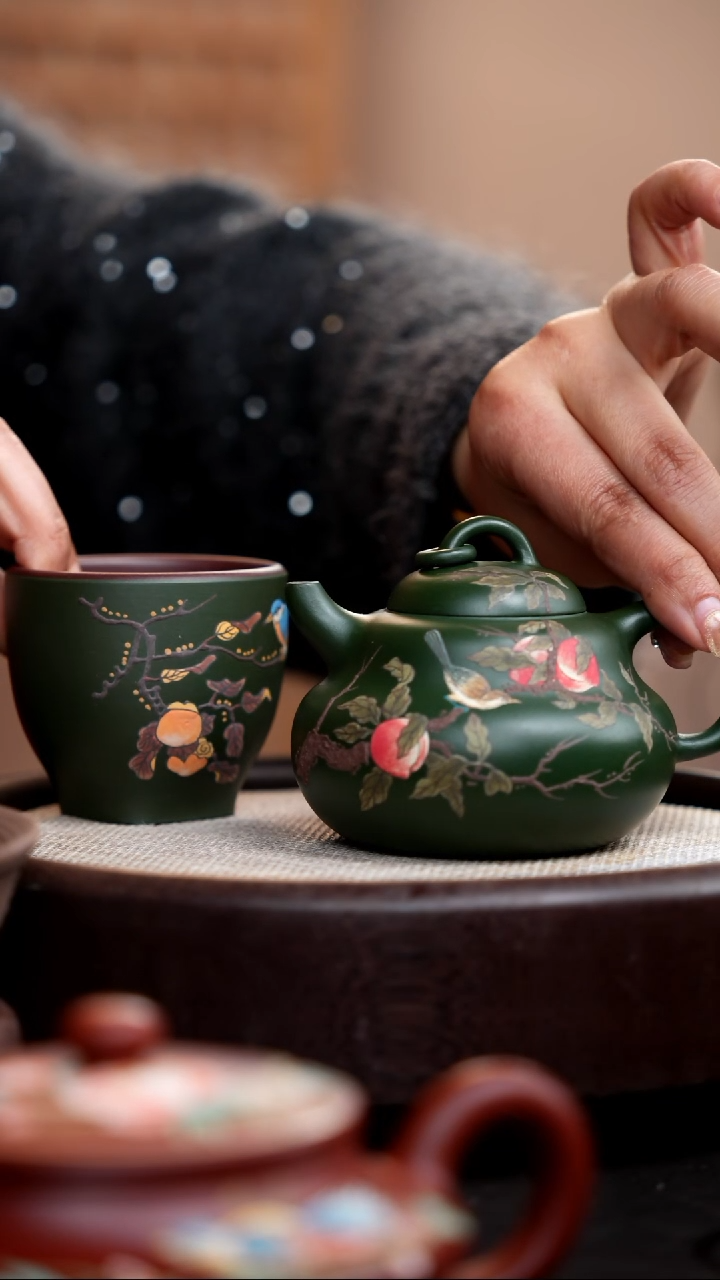 【闪购商品】紫砂茶壶民国绿葫芦壶泥绘桃子+杯