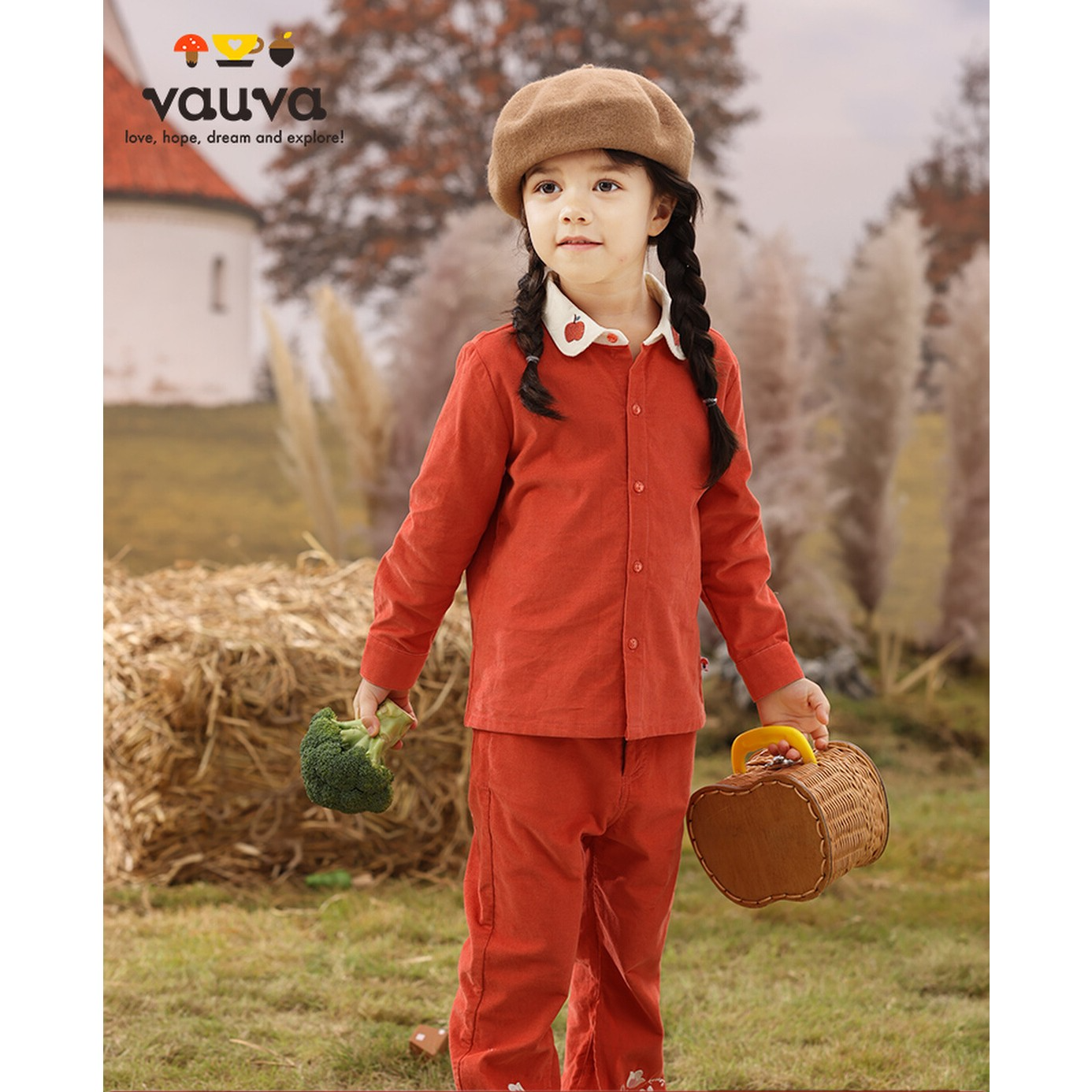 VAUVA【香港专柜】春秋女童长袖棉衬衫洋打底红色灯芯绒女宝上衣