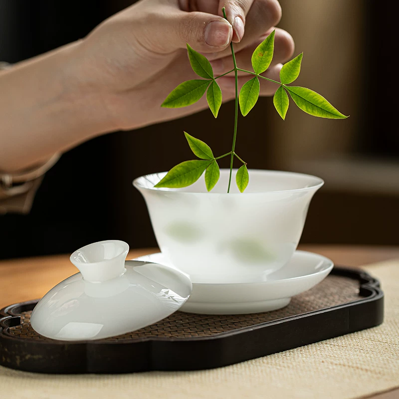 月白窑高档冰种璞玉瓷功夫茶具家用白瓷泡茶器大号三才介碗茶盖碗