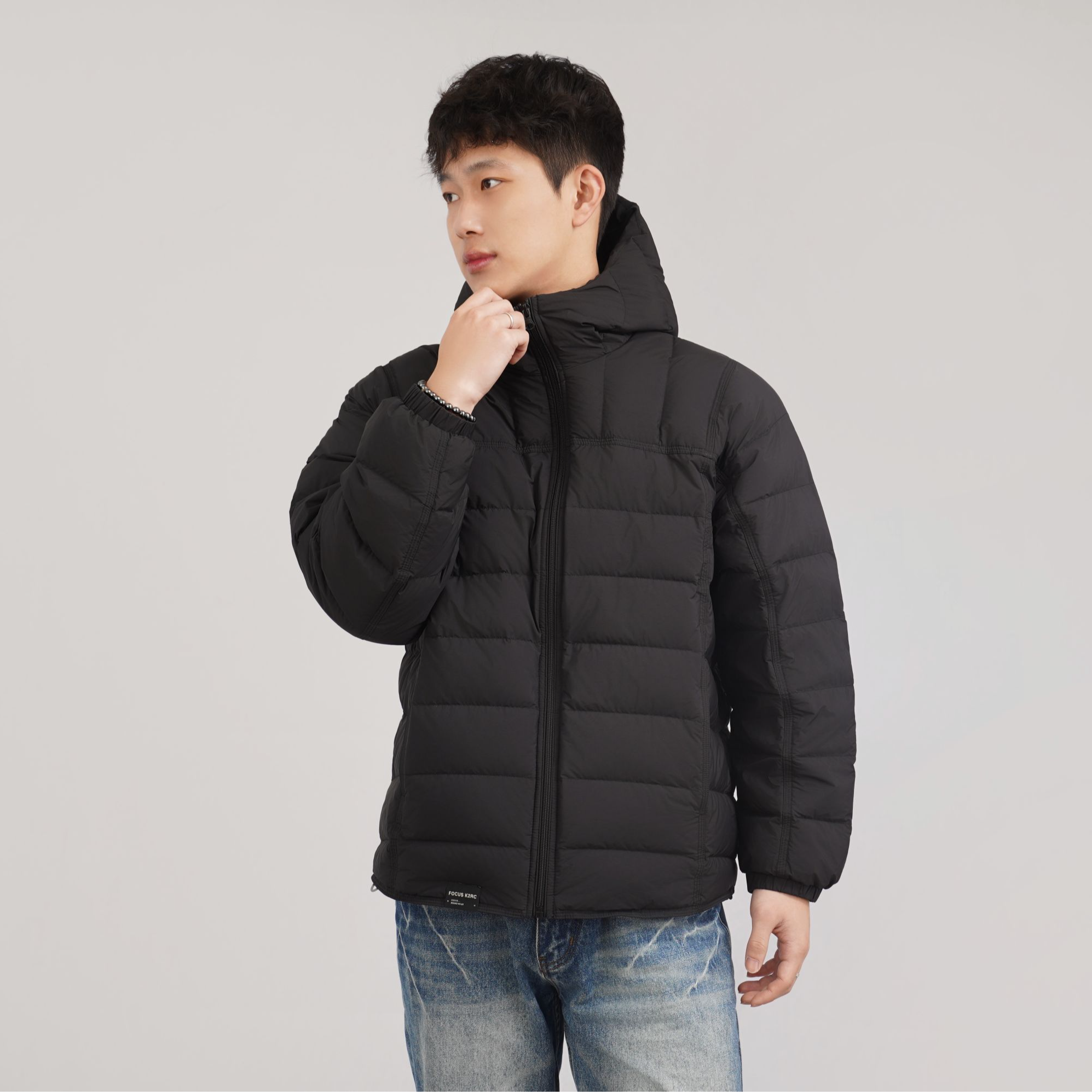 排骨白鸭绒男士连帽羽绒服柔软户外修身纯色羽绒服外套保暖休闲