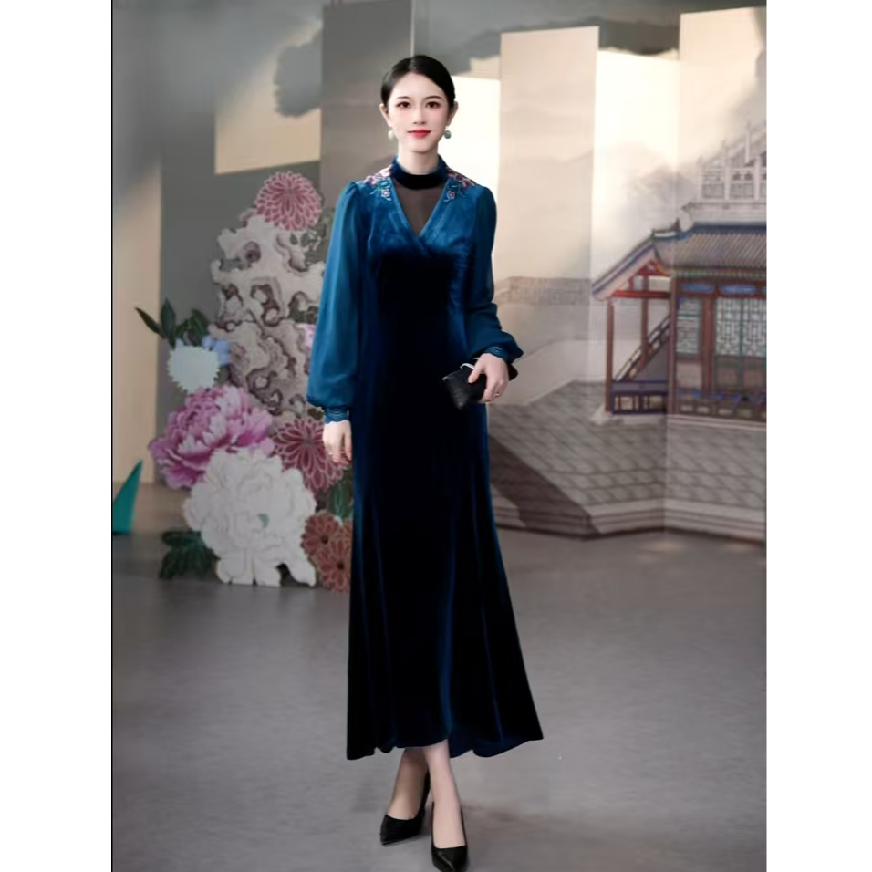 【双十一王炸】古色秋冬新品商场同款蓝色立领灯笼袖连衣裙修身气质