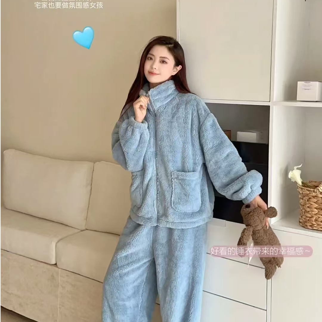 9341-升级款加厚珊瑚绒拉链睡衣套装（两色）