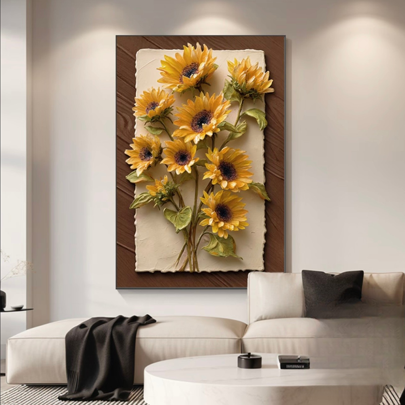 向日葵装饰画视觉浮雕皮革砂岩肌理感客厅沙发背景墙落地挂画
