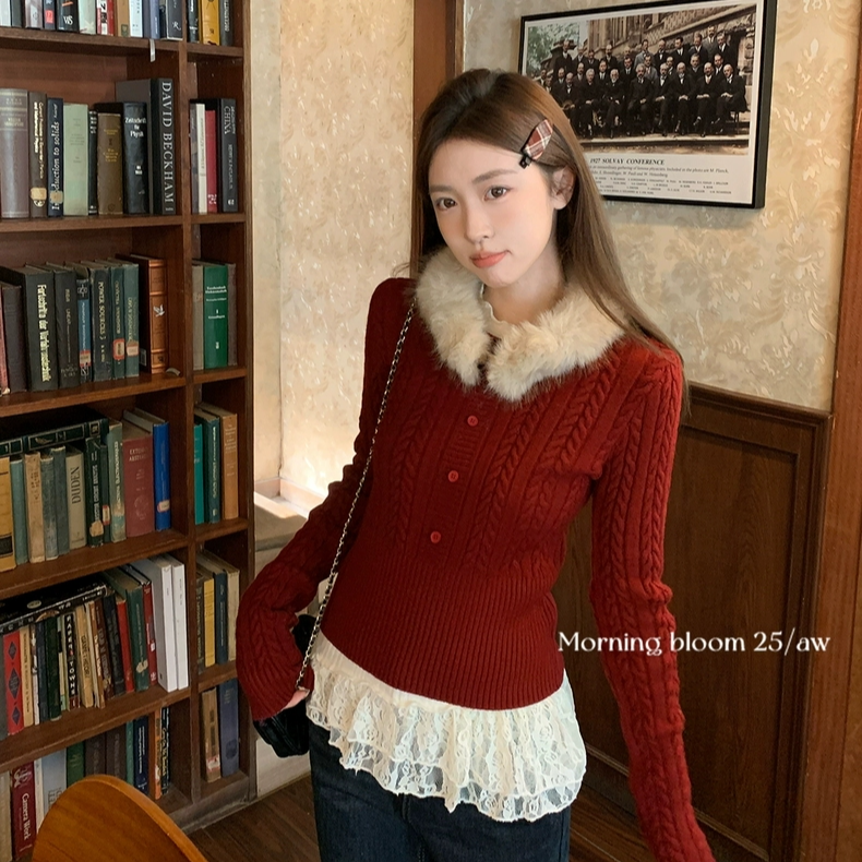 可拆卸毛领角花新款厚女百搭网红显瘦秋冬红色套头针织毛衣