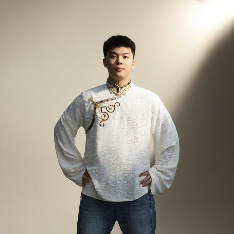 藏族服装男舒适皱皱棉衬衣2025新款手工金扣金卡边藏式衬衣舞蹈