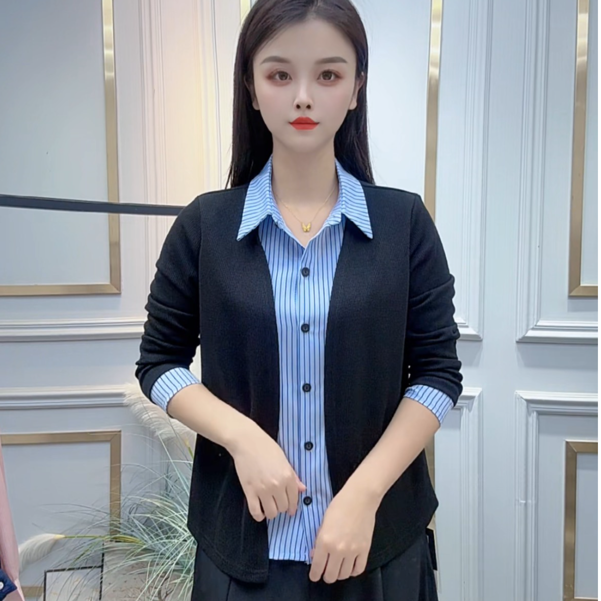 假两件衬衫女2025秋季新款时尚百搭经典条纹内衬气质简约长袖上衣