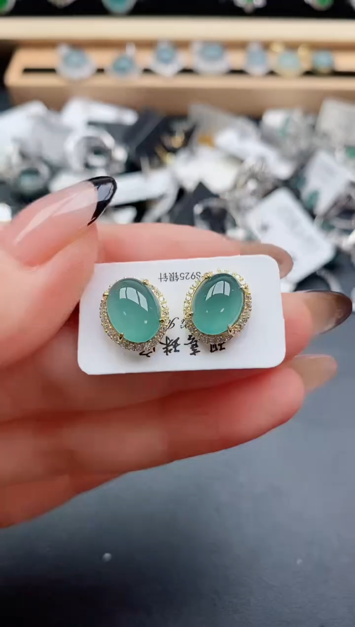 翡翠银S925镶嵌耳饰0585