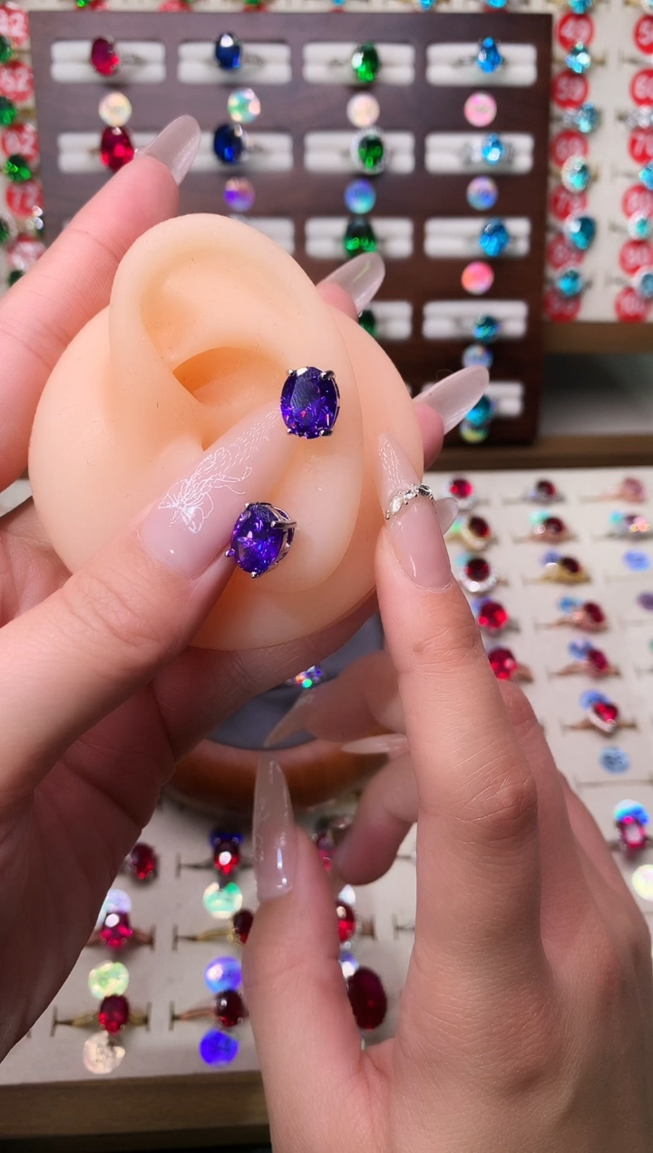 银S925镶嵌耳饰紫色碧玺8*10 银托