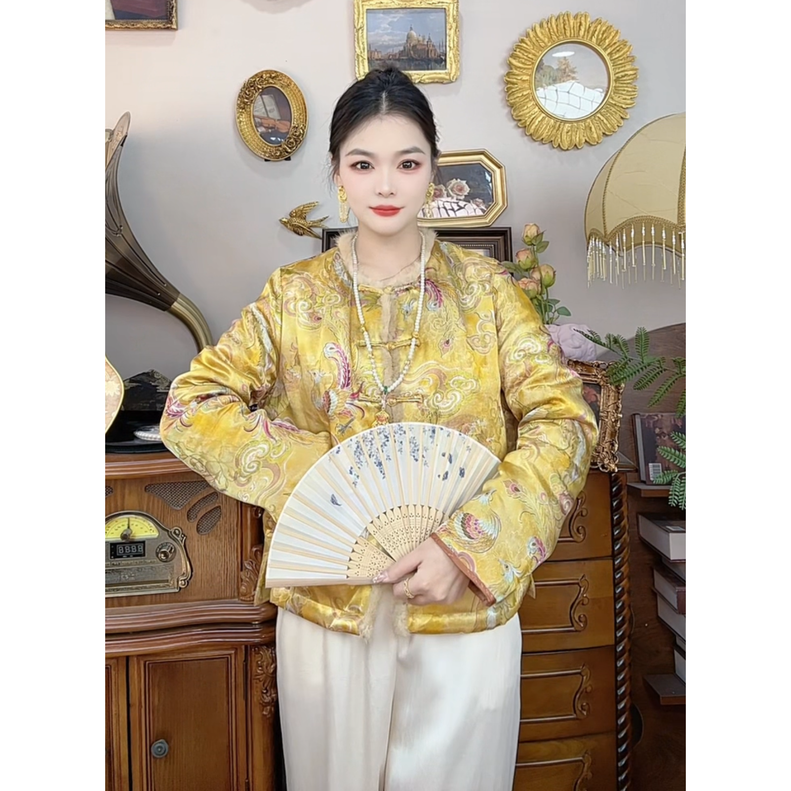 【803】秋冬新中式国风立领盘扣拼接毛边外套显瘦气质百搭上衣