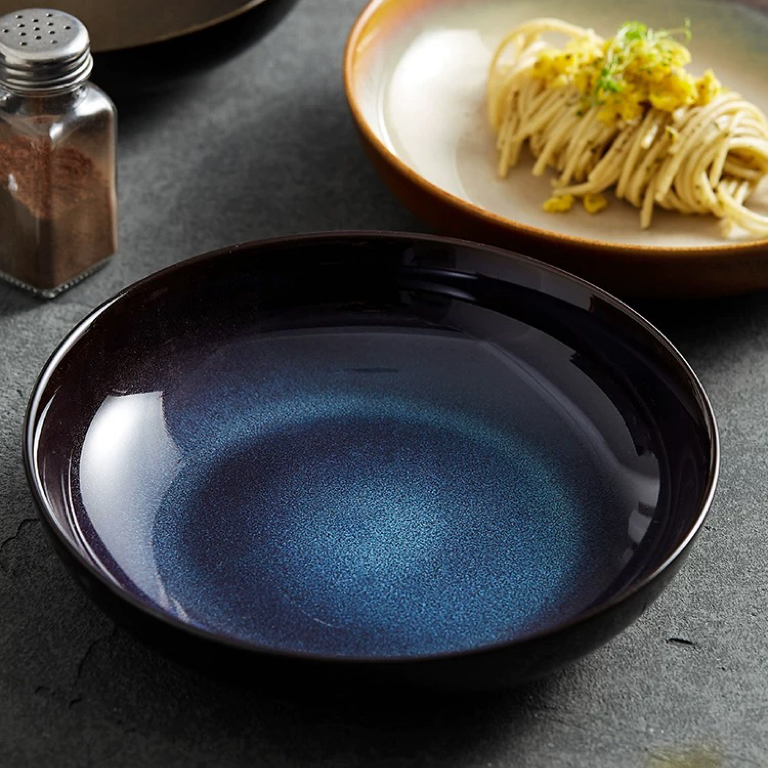 陆家窑变蓝新骨瓷鳞彩餐具轻奢美式饭碗盘子沙拉碗深盘水滴碗