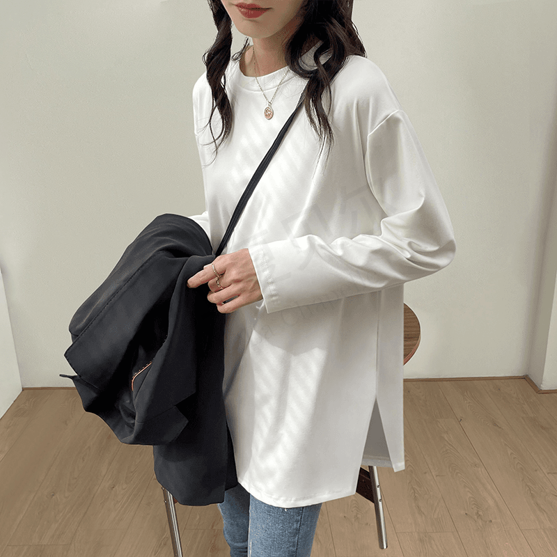 拉夏贝尔白色打底衫女内搭秋冬时髦洋气长款宽松长袖t恤搭配芭比