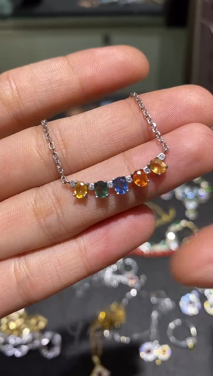 颈饰蓝宝石银S925镀金镶嵌项链